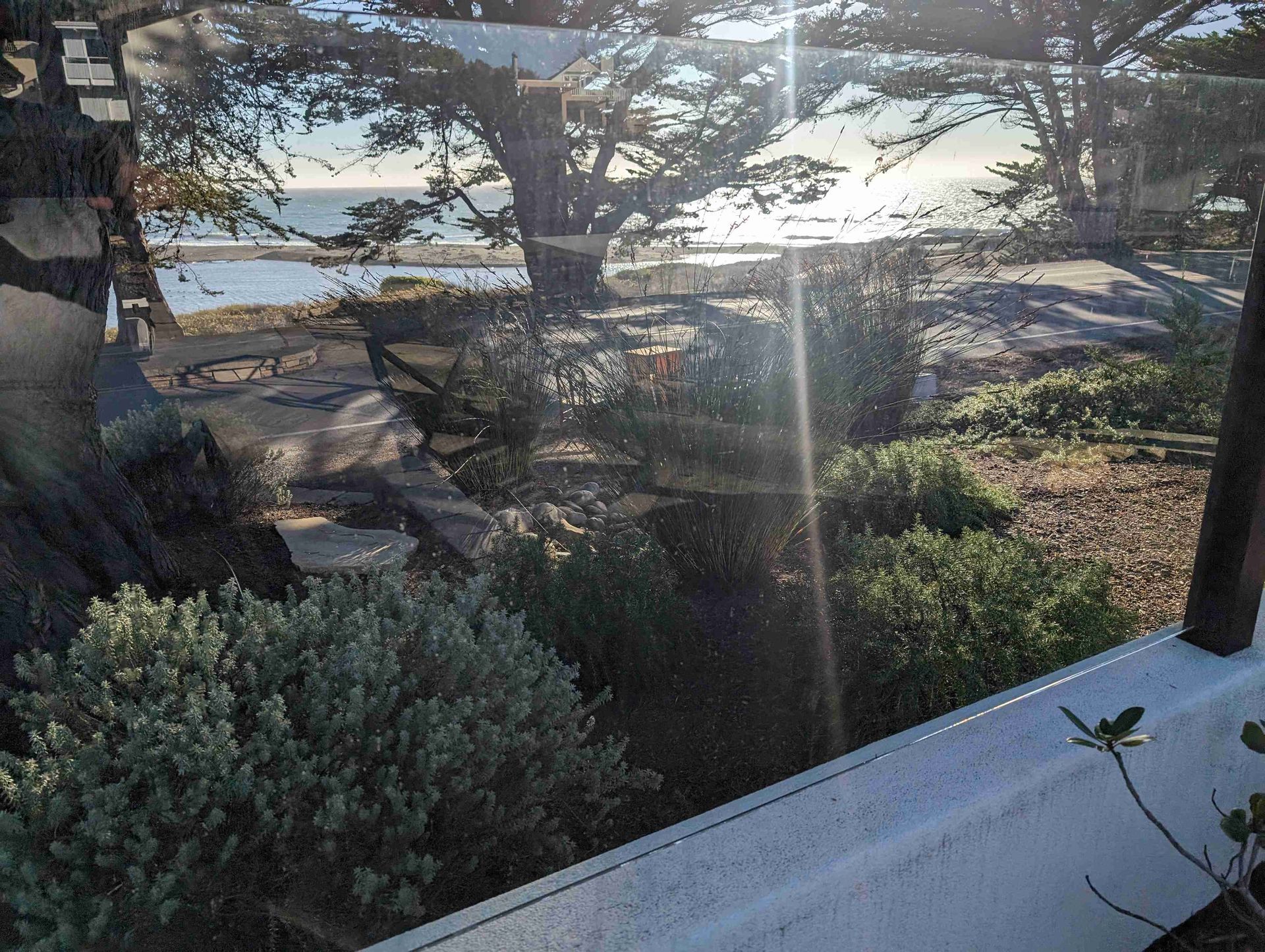 A view of a body of water through a window with trees in the background
