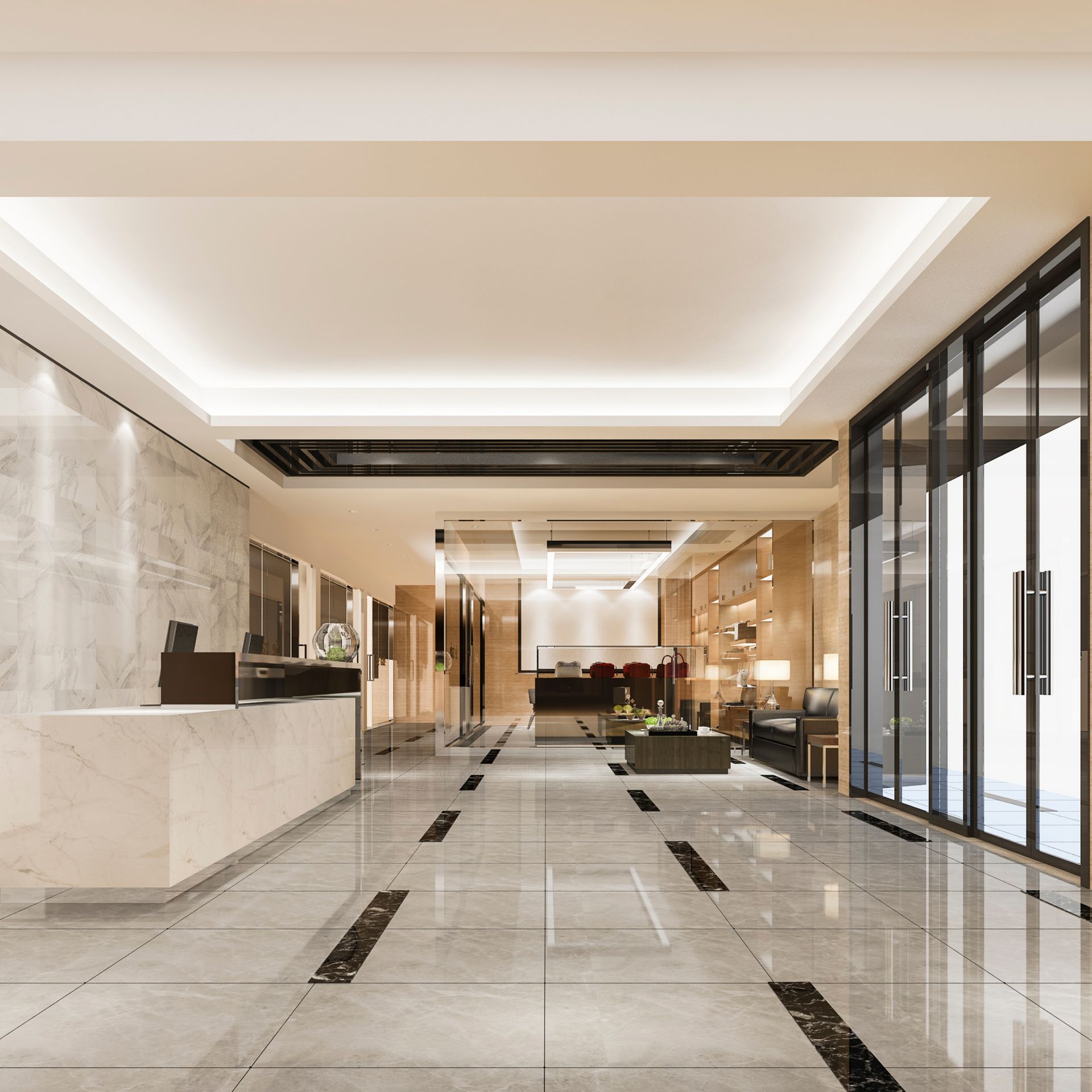 Elegant hotel lobby with marble floors, reception desk, and glass doors.