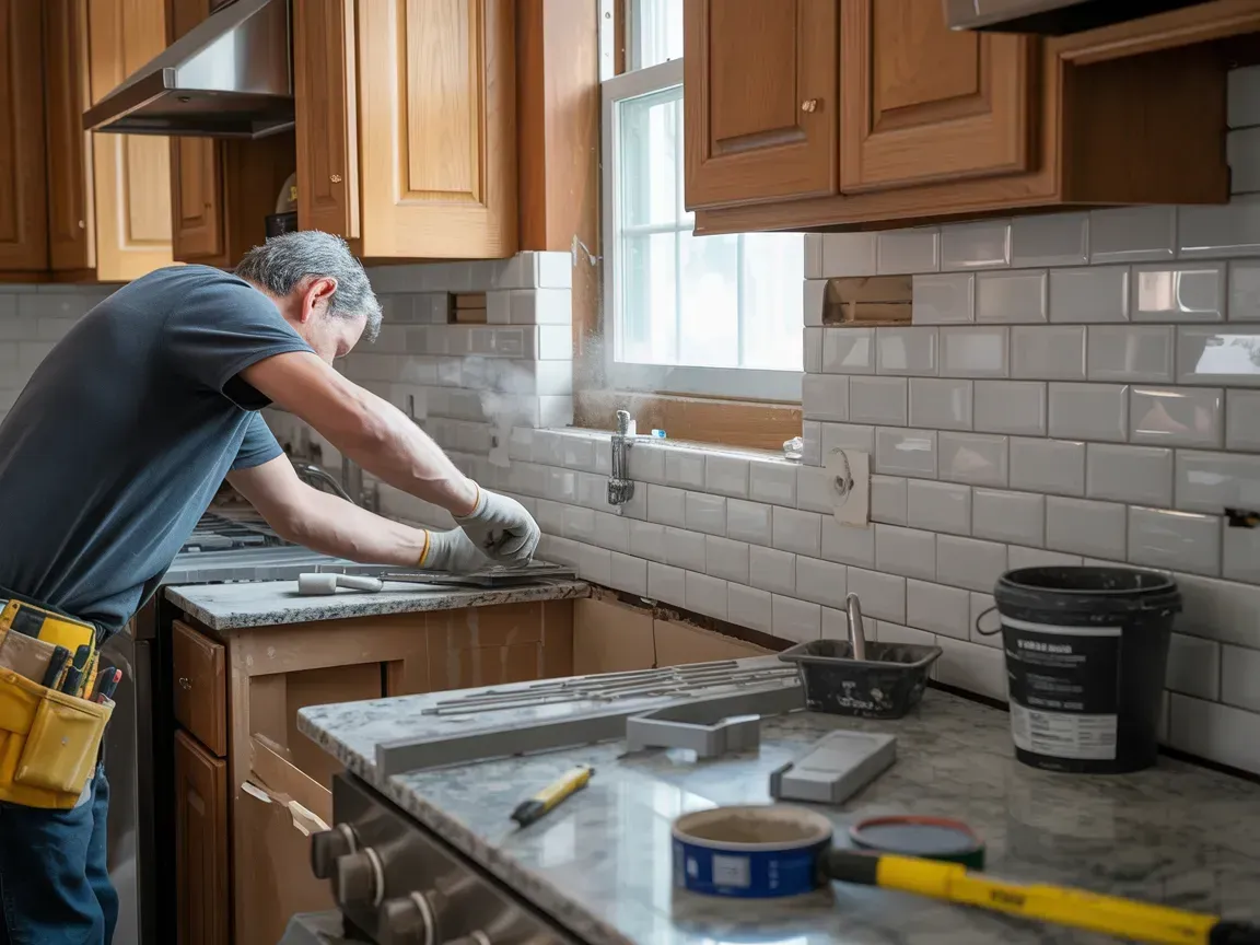 Person tiling a kitchen backsplash. Installing white subway tiles in a kitchen with wooden cabinets.