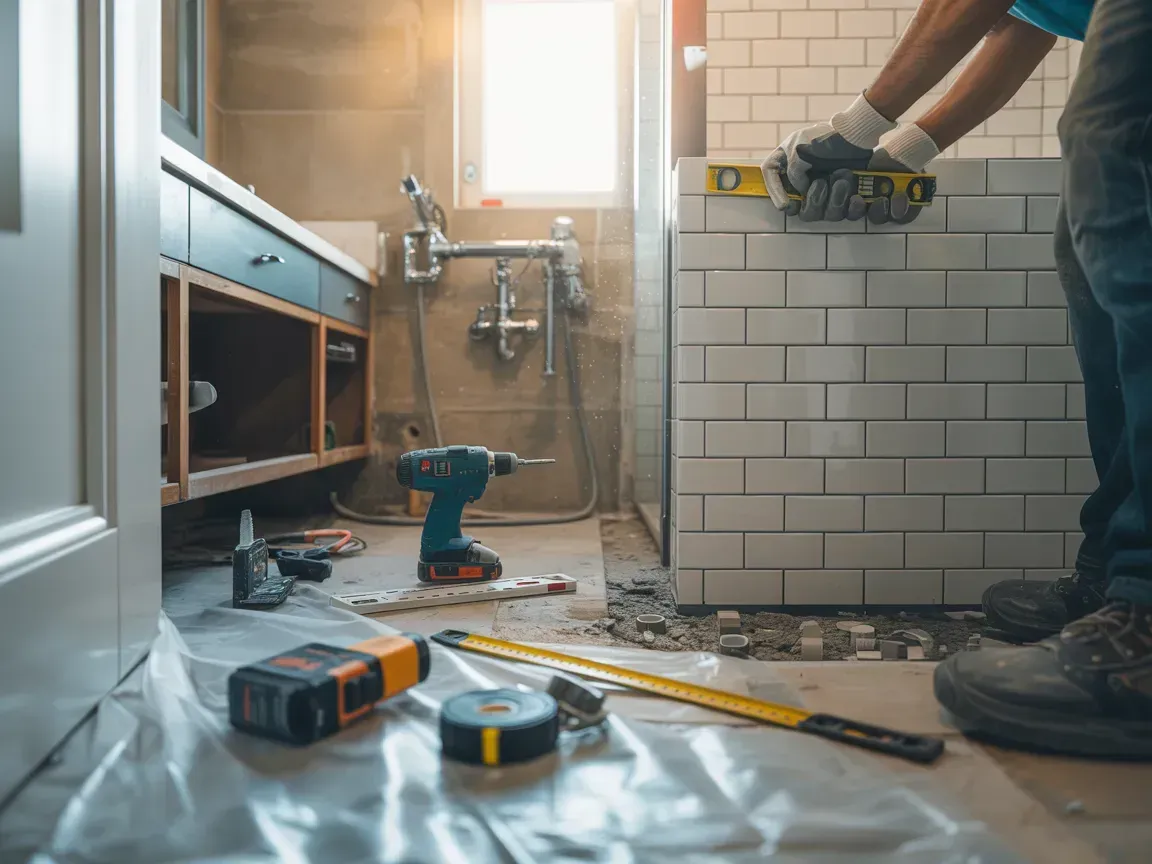 Man tiling shower in bathroom under renovation, tools and materials scattered around.