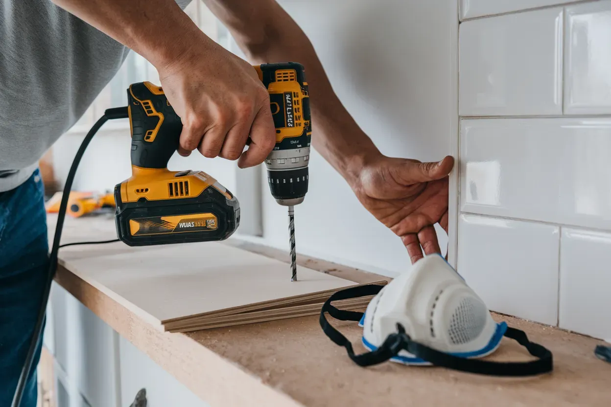A man is using a drill to drill a hole in a piece of wood.