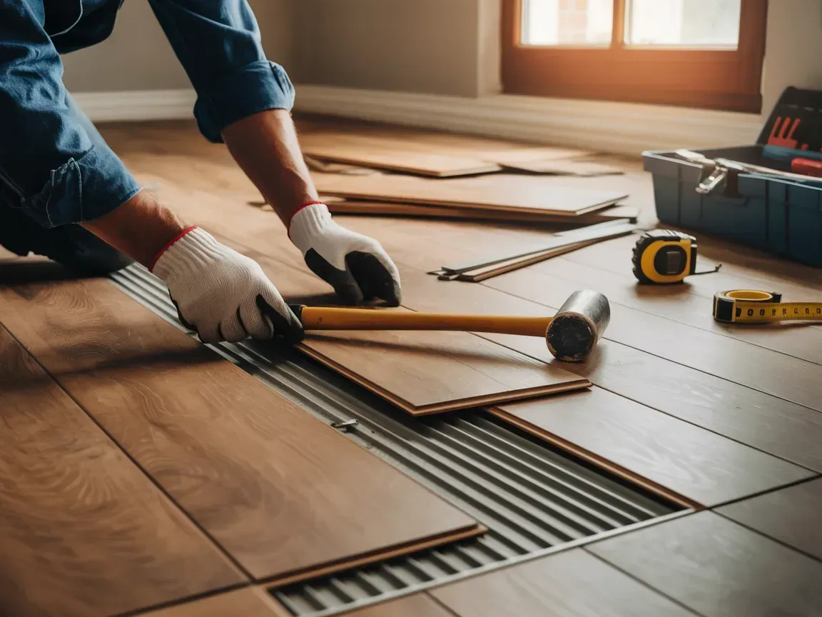 Person installing laminate flooring with a hammer and tools in a room near a window.
