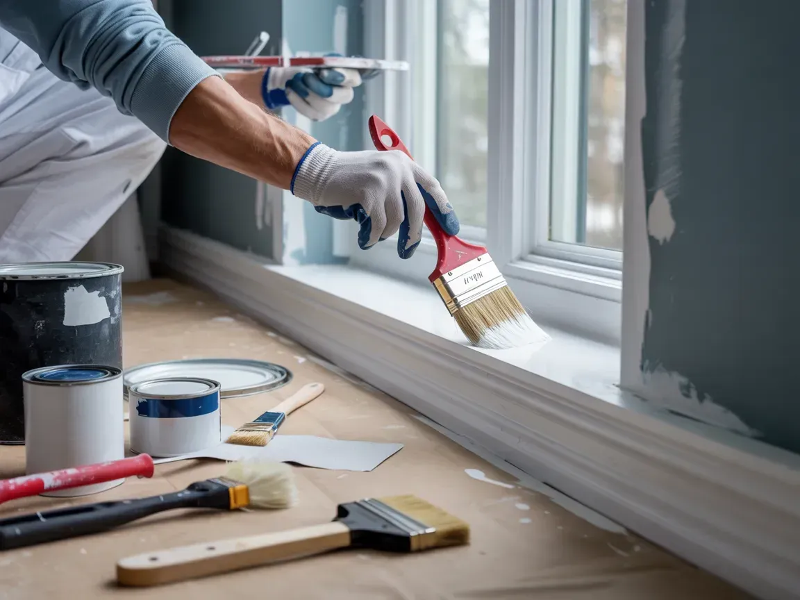 Person painting a window frame white, with paint cans and brushes nearby.