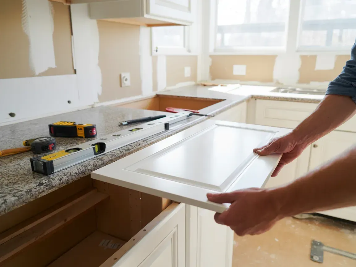 Person installing a white cabinet door in a kitchen under renovation. Tools on countertop.