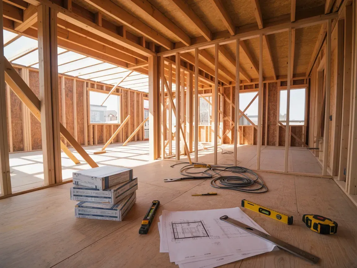 Interior of a house under construction; wooden frame, blueprint, tools on the floor.