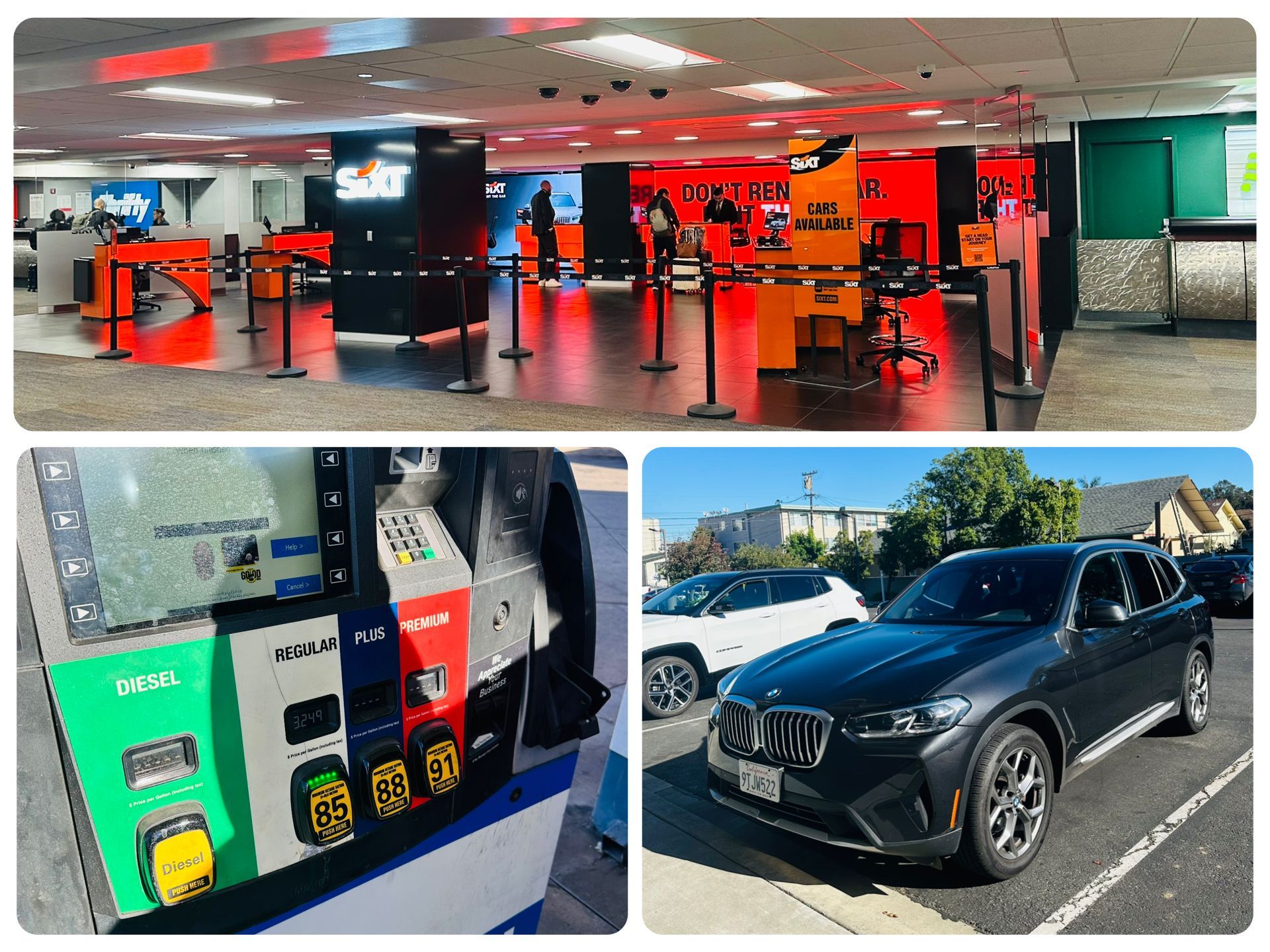 美國機場附近都會有獨立的租車中心，還車前別忘了要把油加滿。