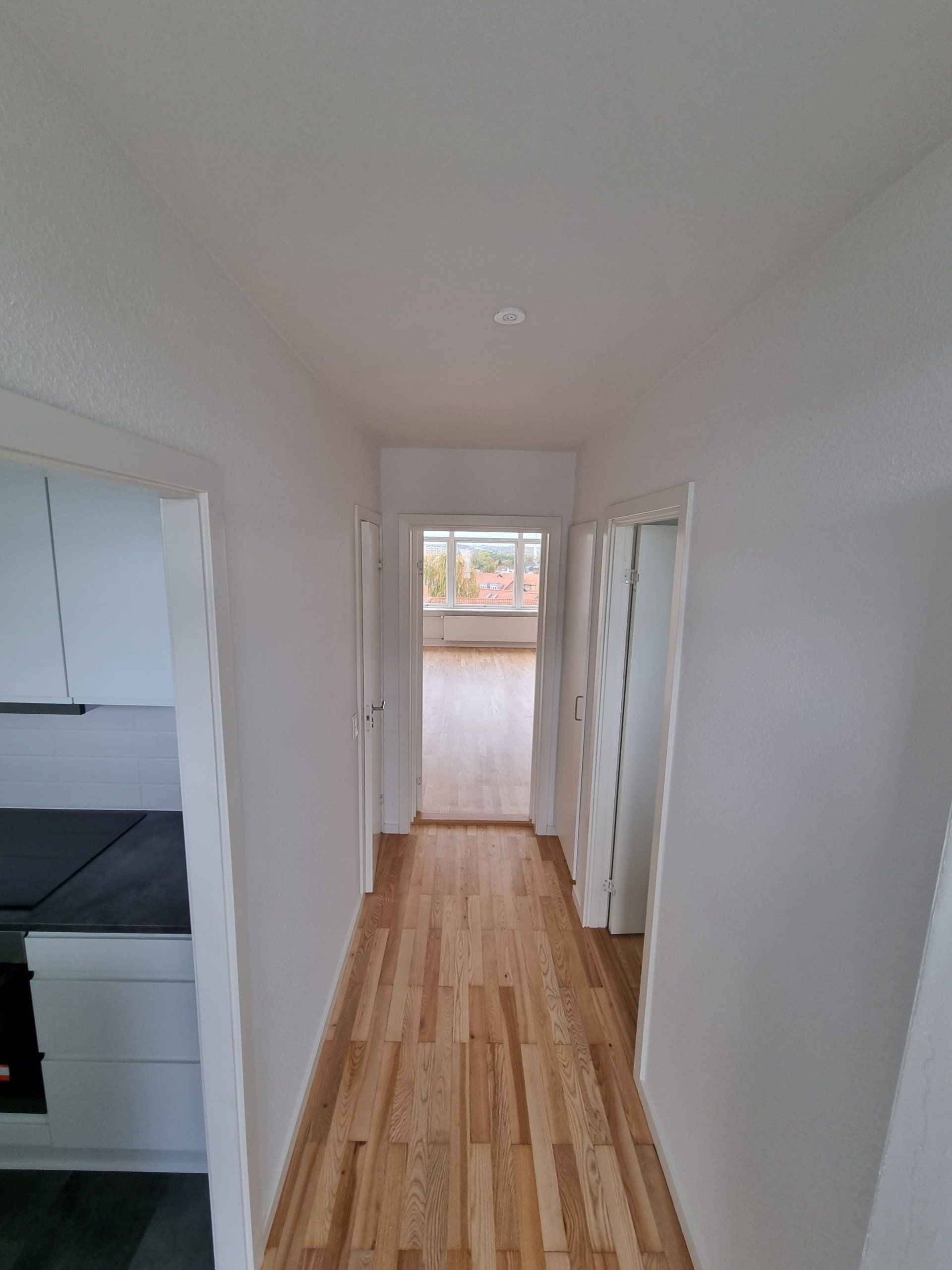 En lang gang med trægulve og hvide vægge, der fører til et køkken.