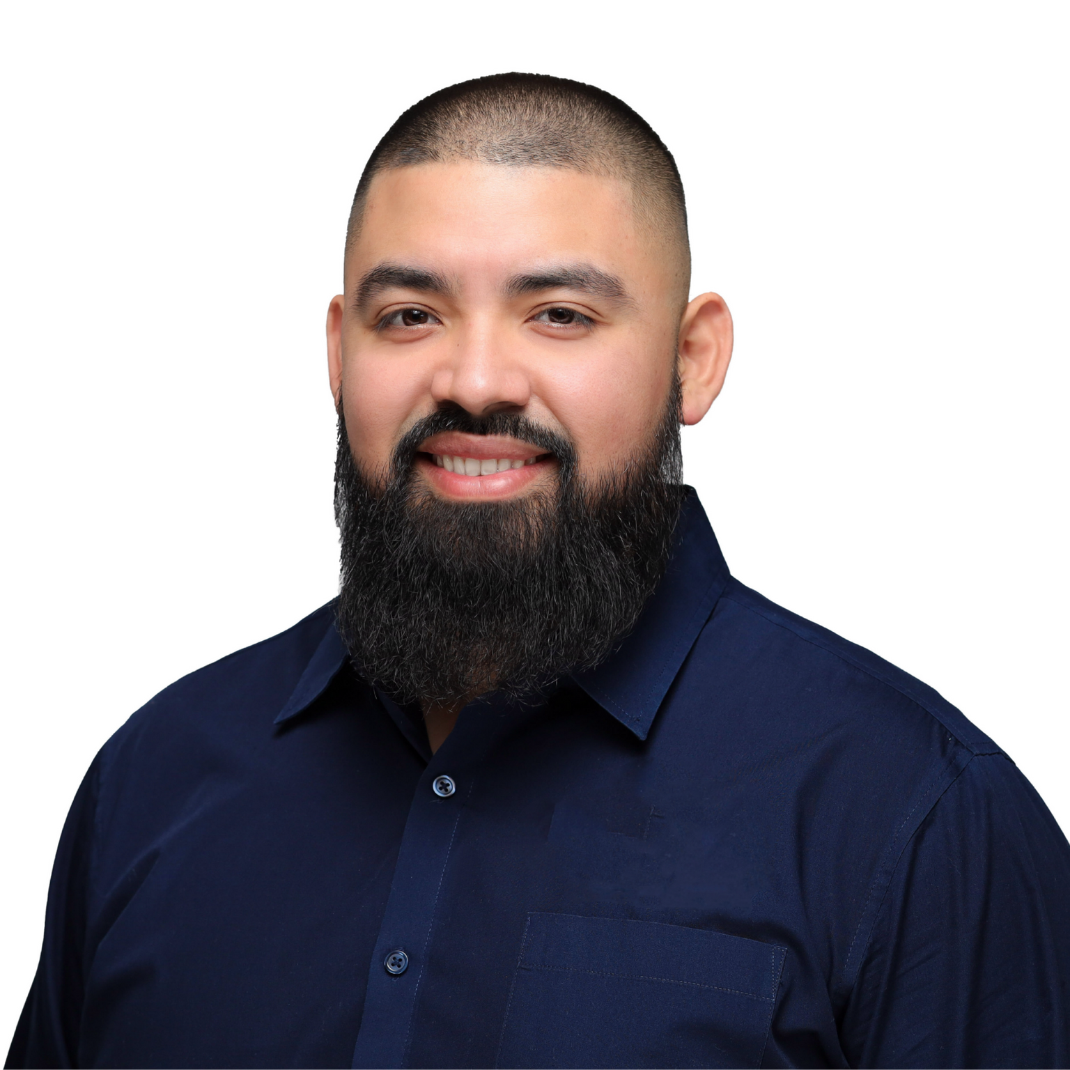 A man with a beard is wearing a blue shirt