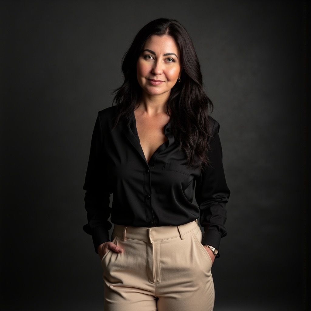 A woman wearing a green and white checkered shirt is smiling.
