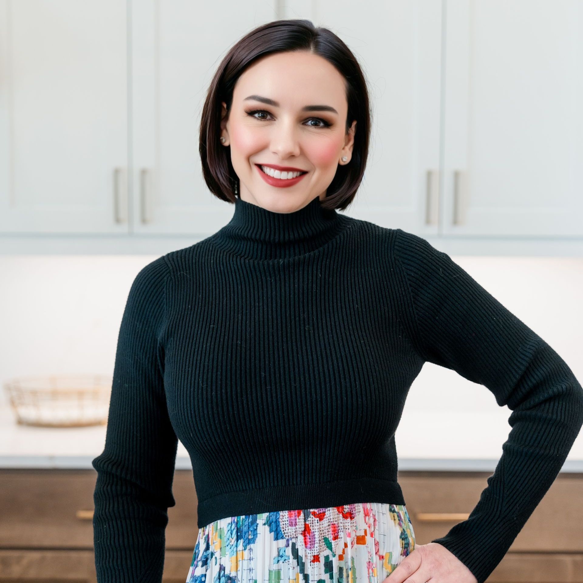 A woman wearing a black sweater and a colorful skirt is standing in a kitchen with her hands on her hips.