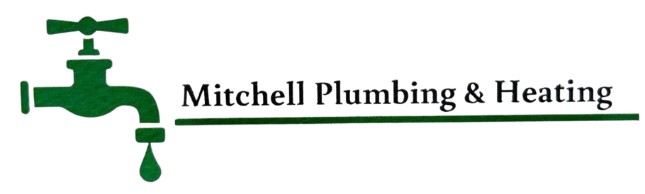 Dark green logo for Mitchell Plumbing & Heating with a stylized water tap icon above an underline.