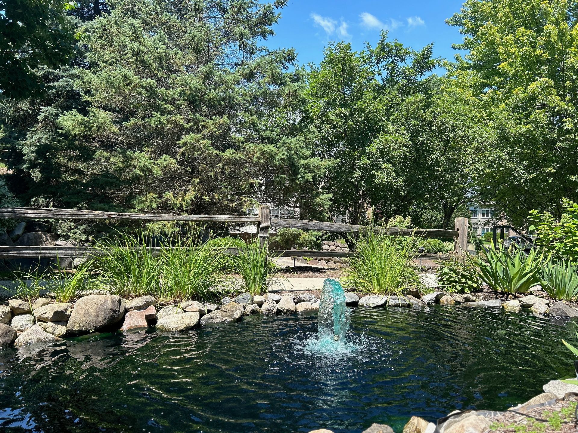 A pond with a fountain in the middle of it surrounded by trees.