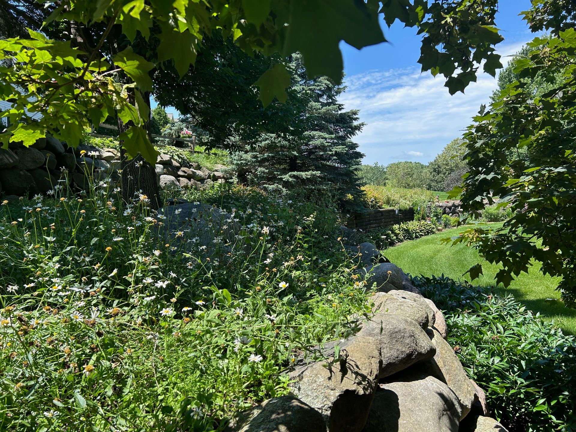 A stone wall is surrounded by trees and grass on a sunny day.