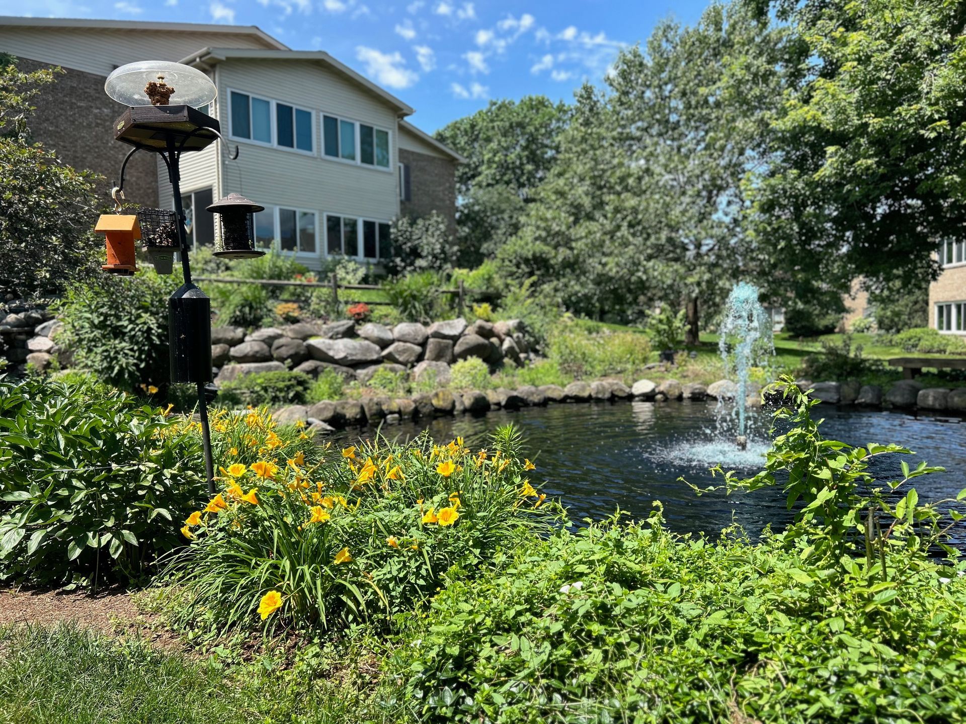 A pond with a fountain in the middle of it in front of a building.