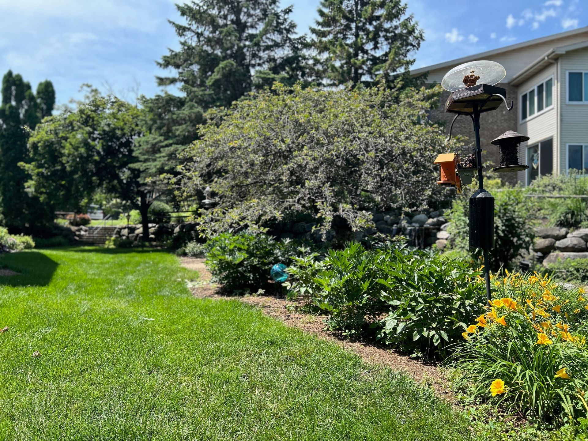 A lush green lawn with flowers and trees in front of a house.