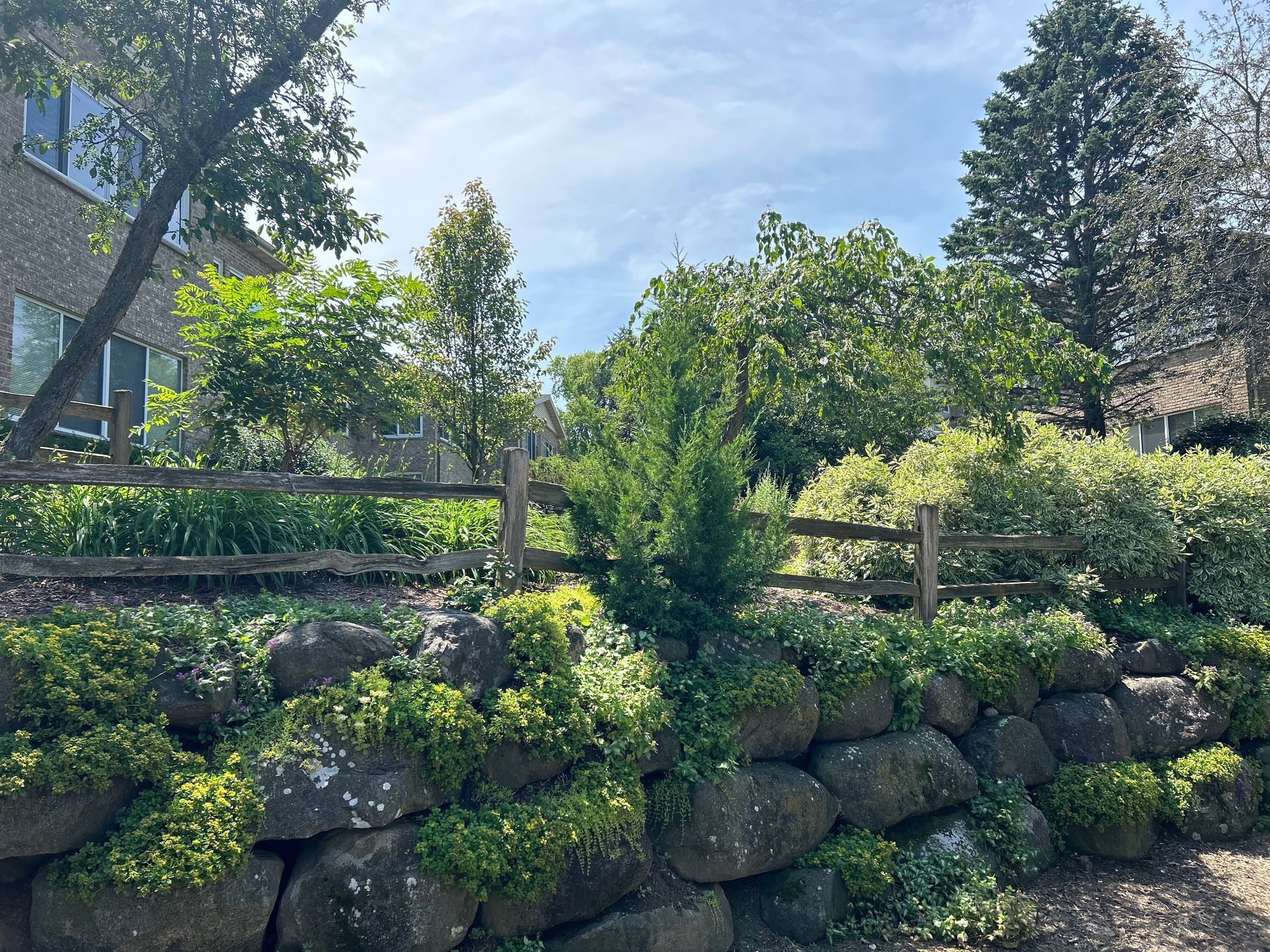 A wooden fence surrounds a rock wall with trees in the background.