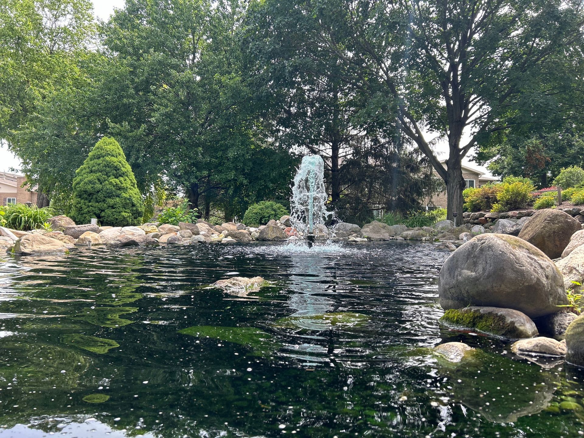 A pond with a fountain in the middle of it surrounded by trees and rocks.