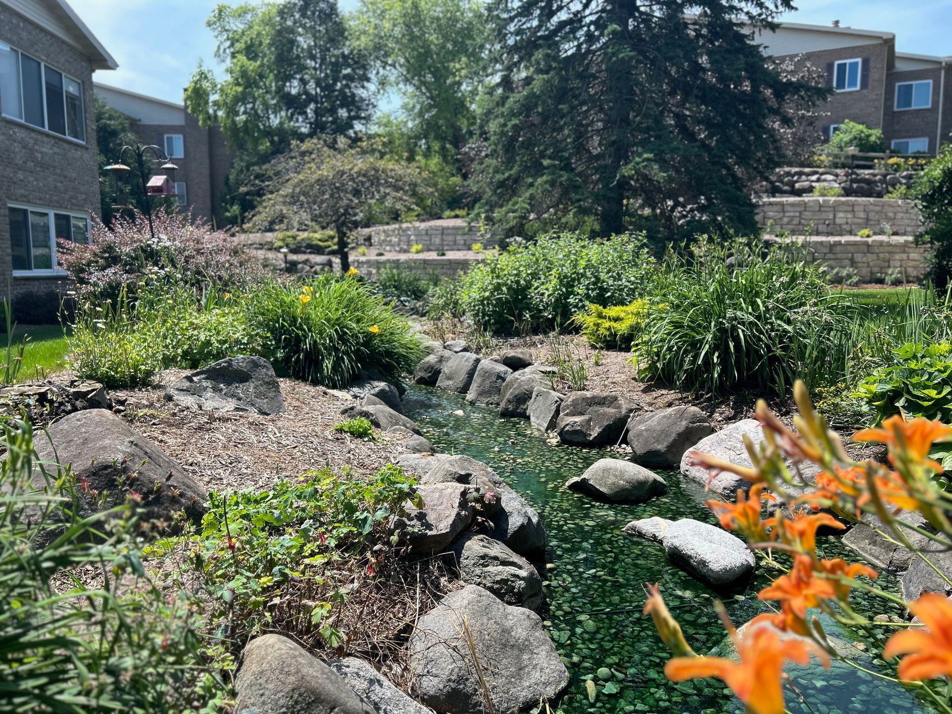 A stream running through a garden surrounded by rocks and flowers.
