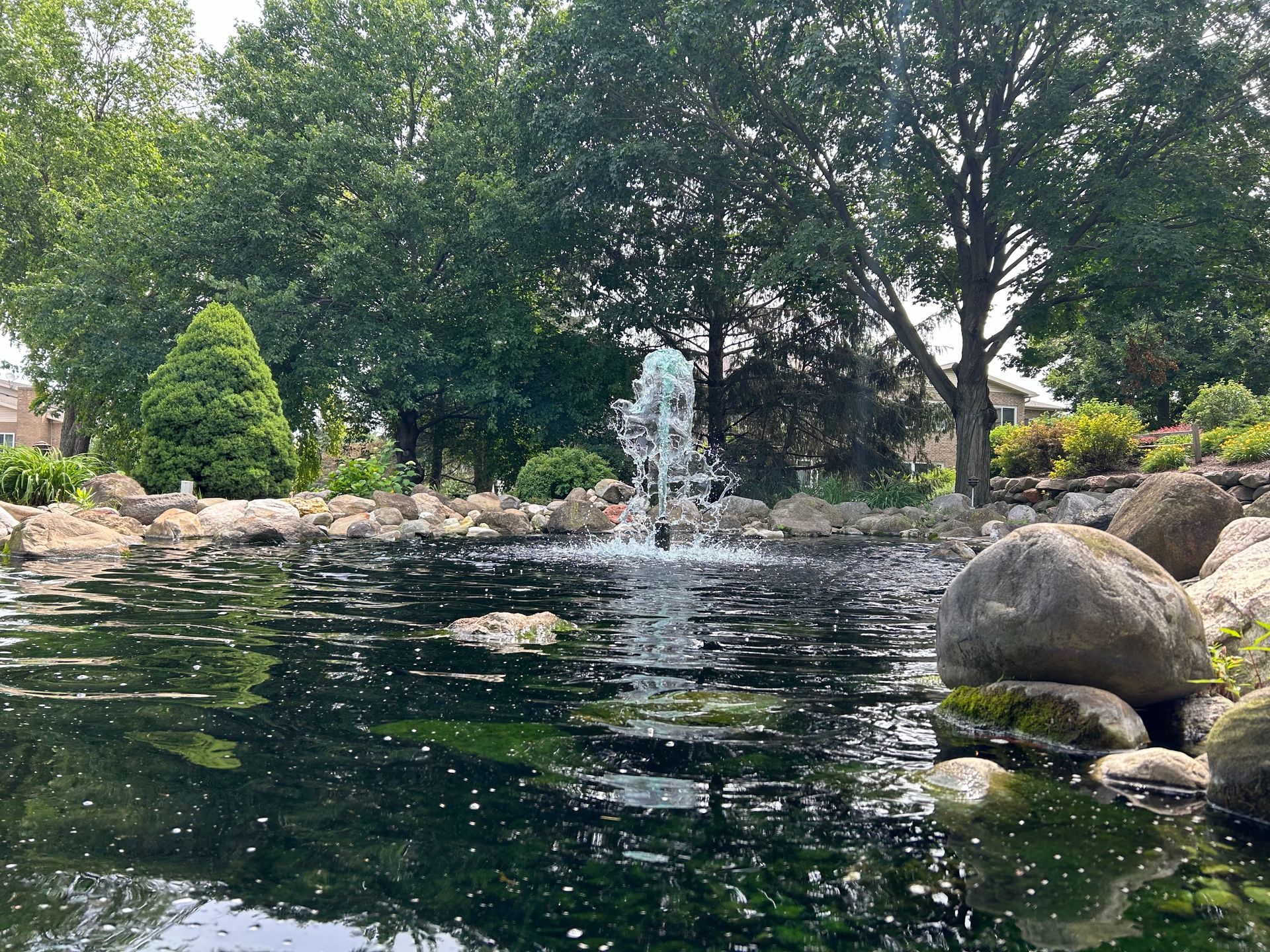 A pond with a fountain in the middle of it surrounded by rocks and trees.