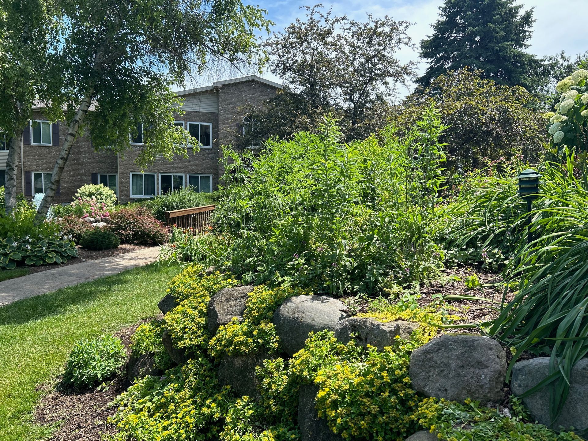 A lush green garden with a brick building in the background.