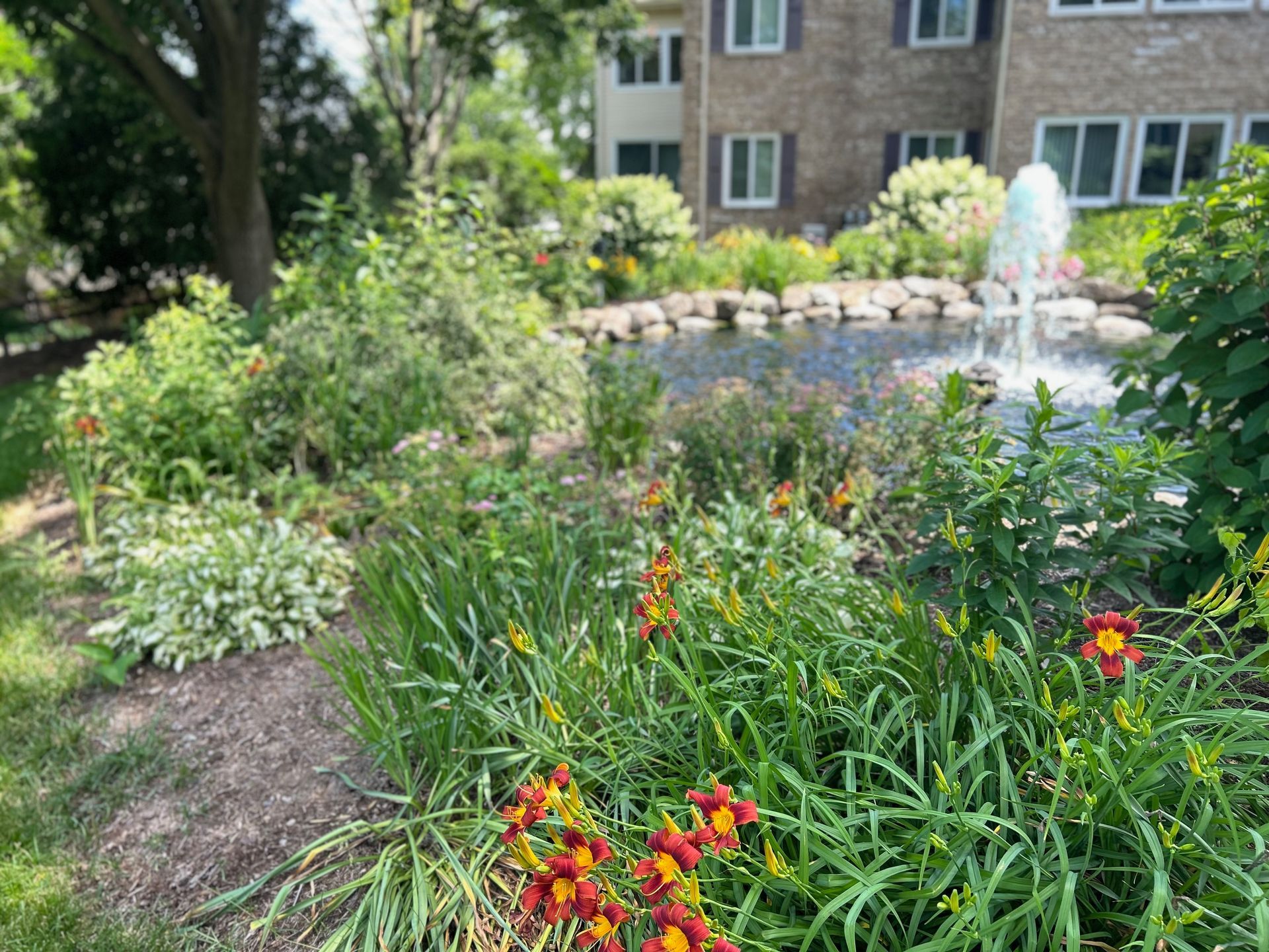 A garden with flowers and a fountain in front of a building.