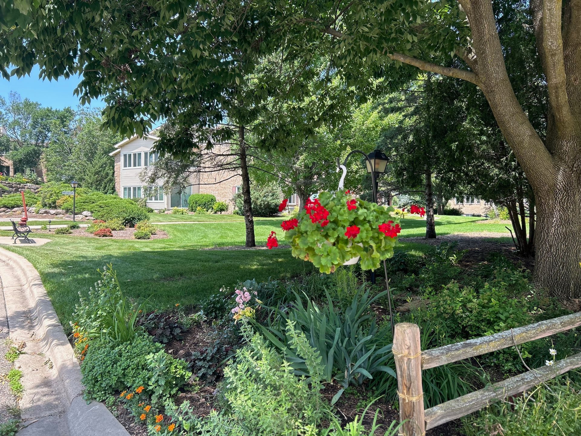 A wooden fence surrounds a garden with flowers and trees.