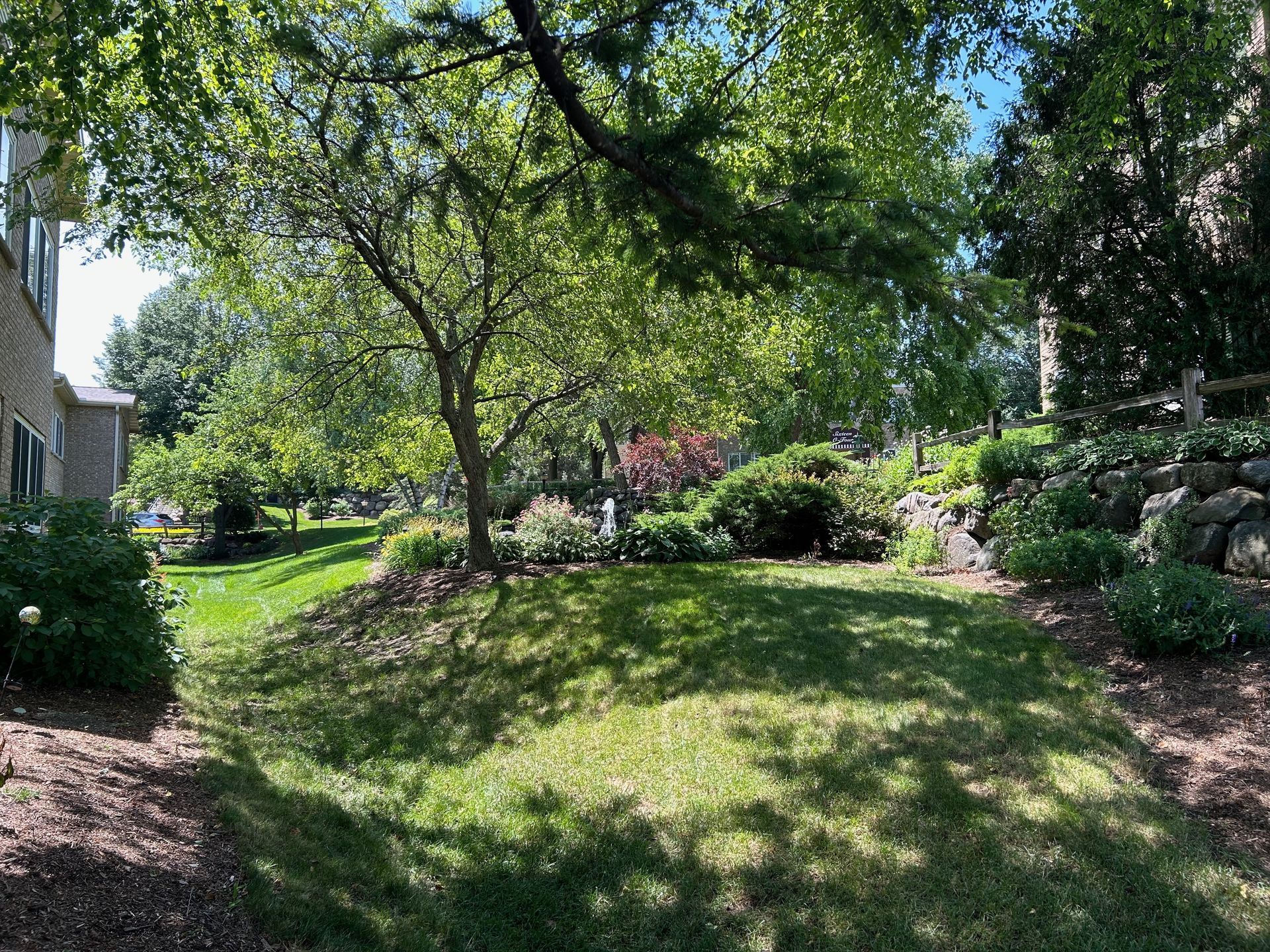 A large lush green yard with trees and bushes in front of a house.