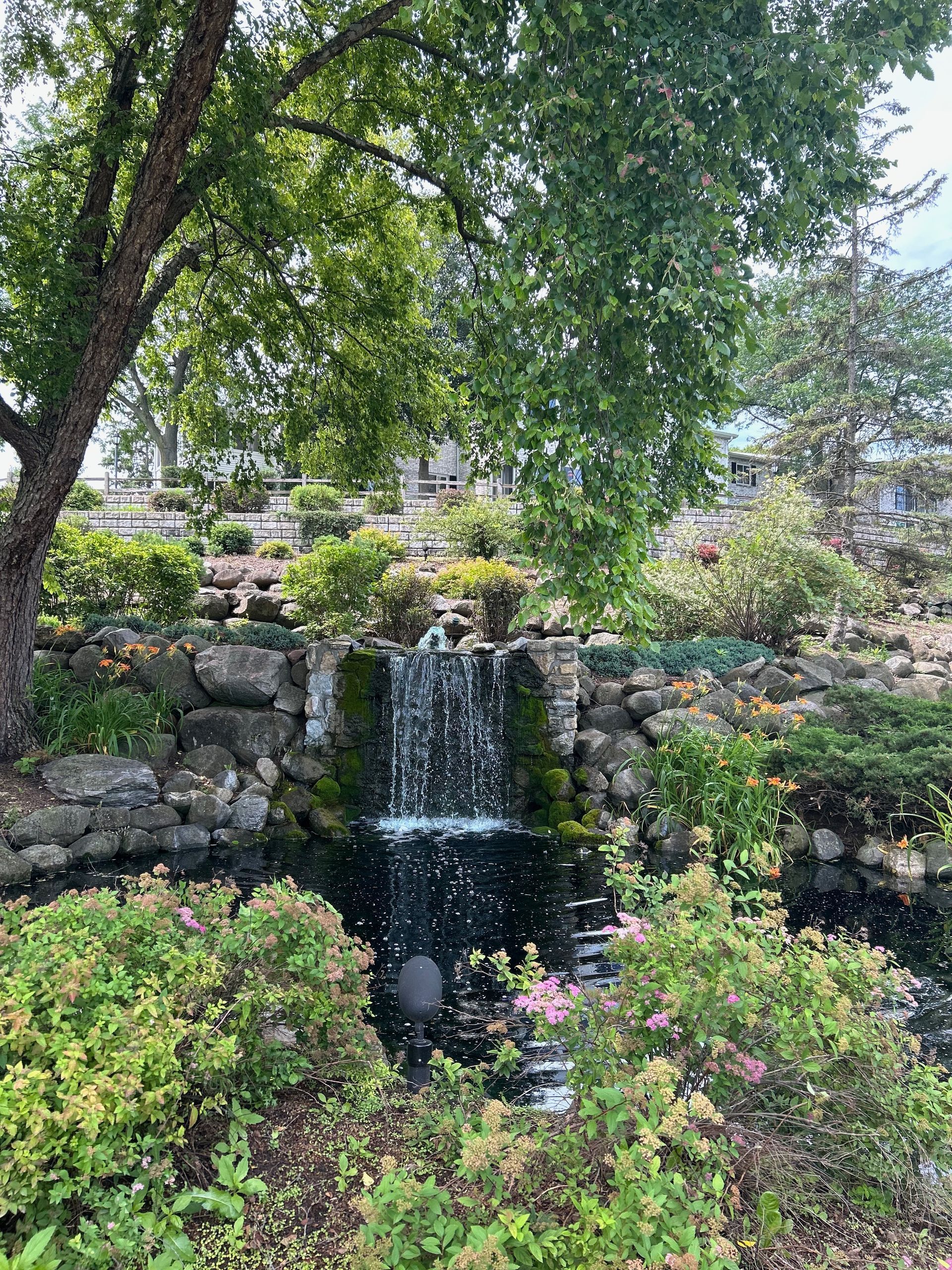 A waterfall in a park surrounded by trees and bushes.