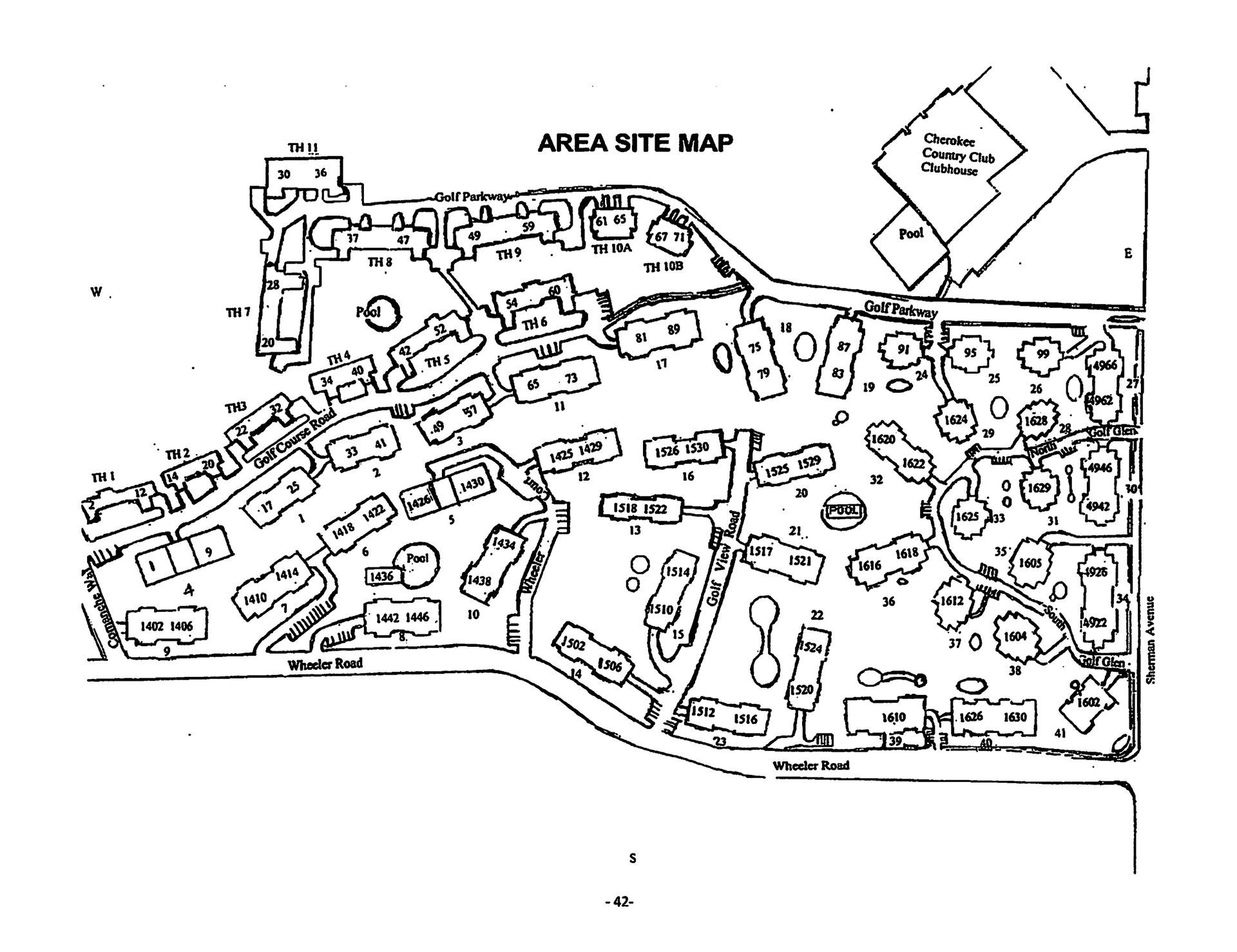 A black and white map of an area with lots of buildings and trees.