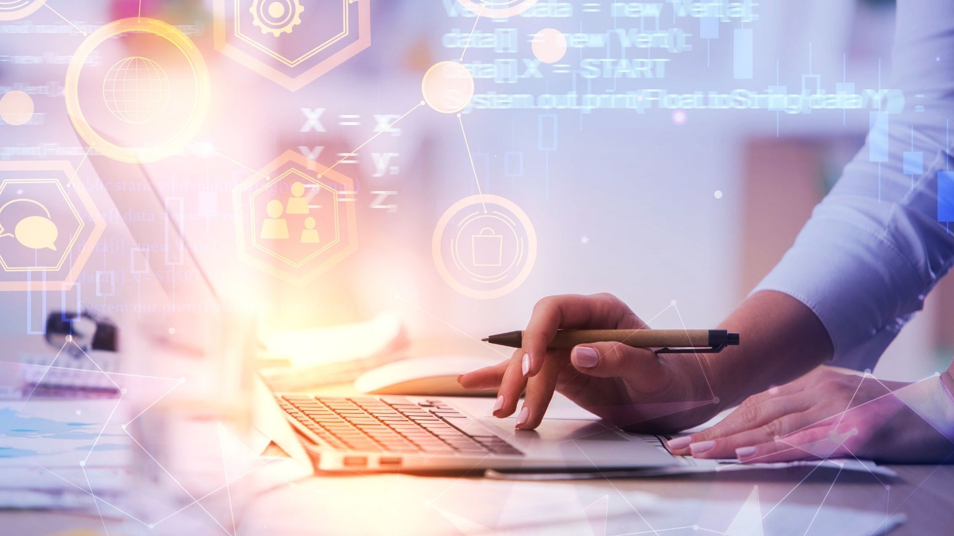 Person using a laptop, overlaid with digital graphics and code, possibly coding.