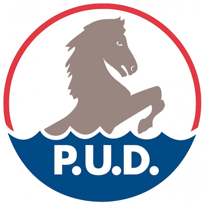 A logo for p.u.d. shows a horse in the water