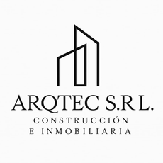 Logotipo de ARQTEC SRL, empresa constructora e inmobiliaria. Presenta la silueta estilizada de un edificio en negro.