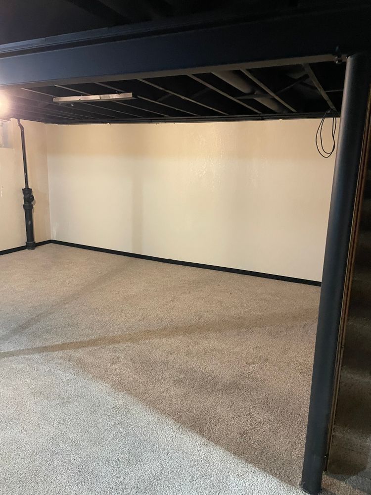 An empty basement with a carpeted floor and a black ceiling