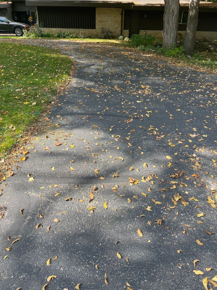 A car is parked on the side of a driveway covered in leaves