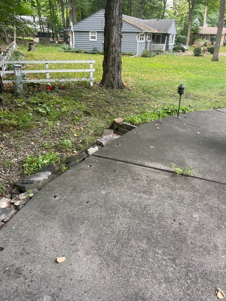 A concrete driveway leading to a house in the woods