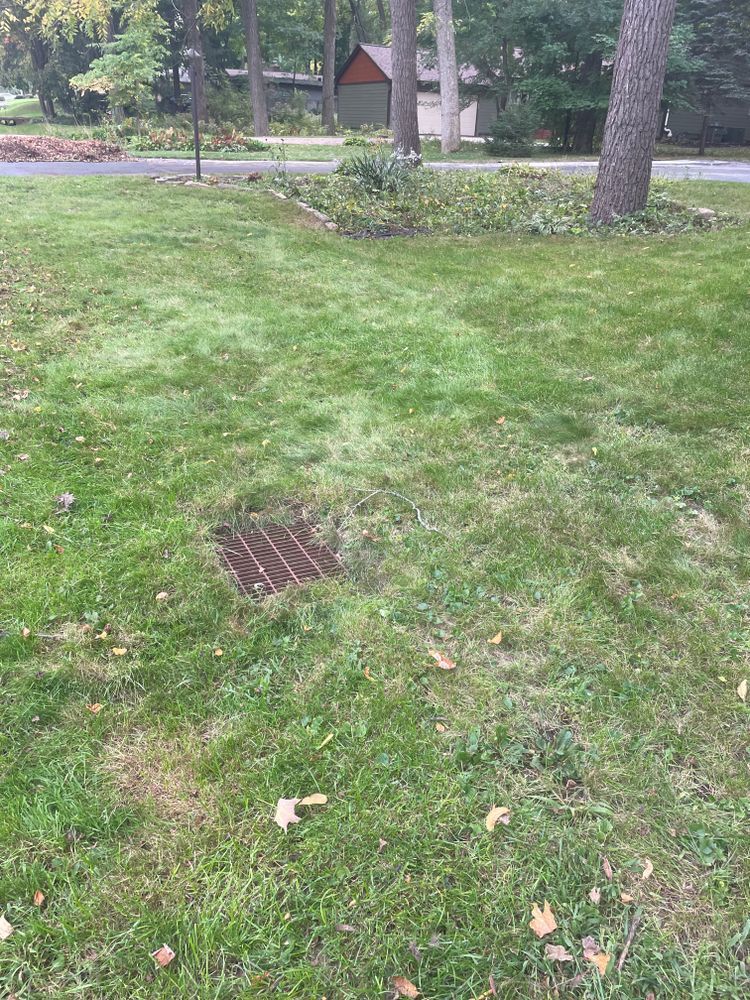 A manhole cover is sitting in the middle of a lush green lawn