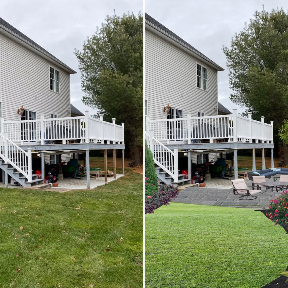A before and after picture of a house with a deck
