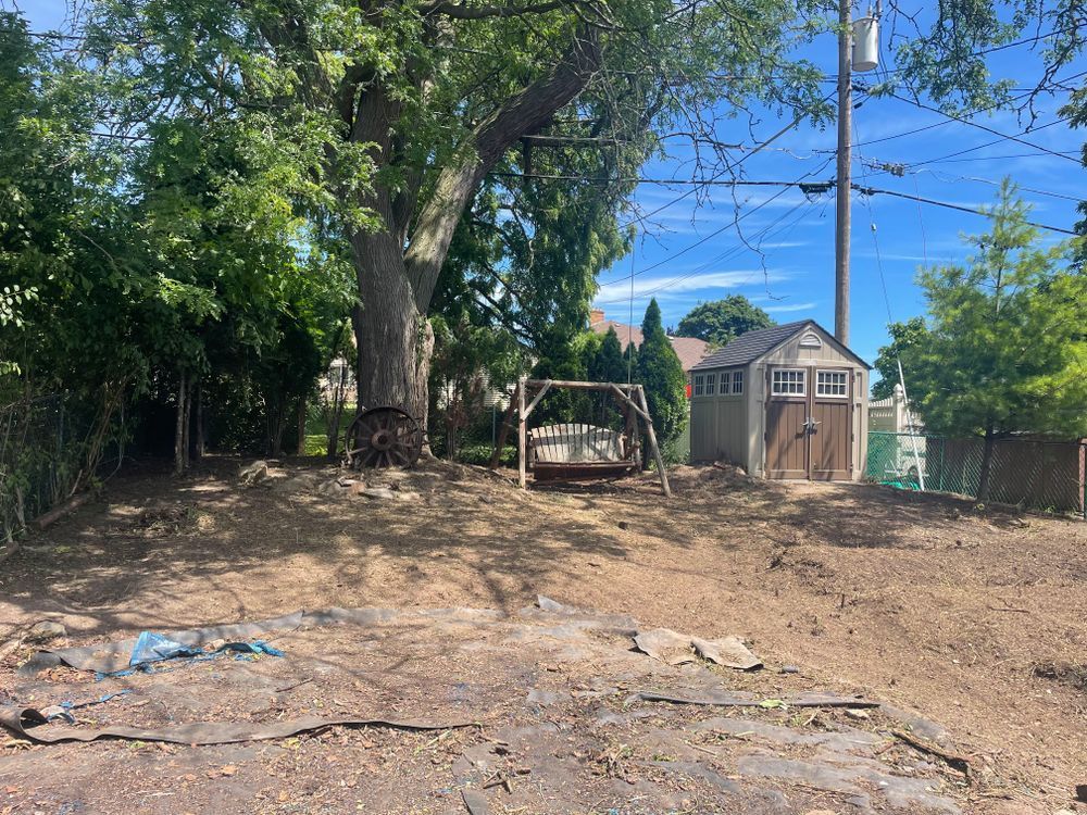 There is a swing in the backyard of a house
