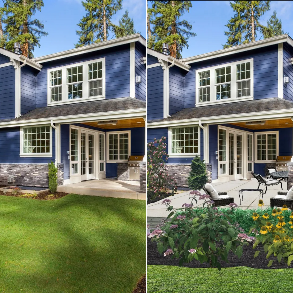 A before and after picture of a blue house