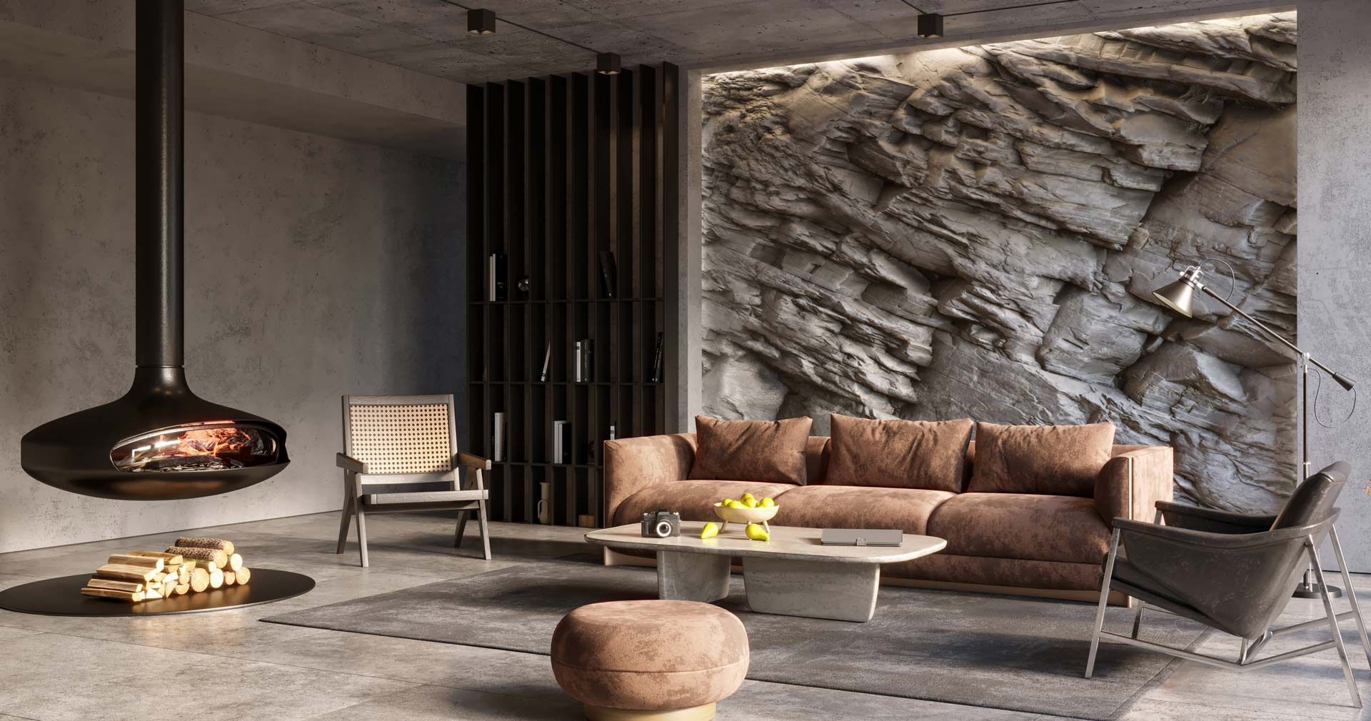 A living room with a couch , chairs , coffee table and fireplace.