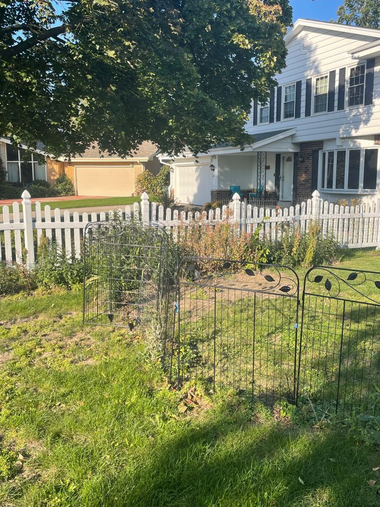 A white picket fence surrounds a garden in front of a house