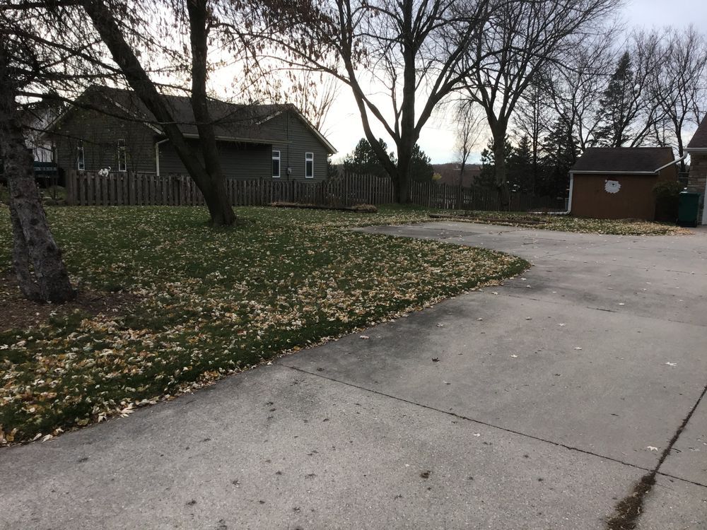A driveway leading to a house with a shed in the background