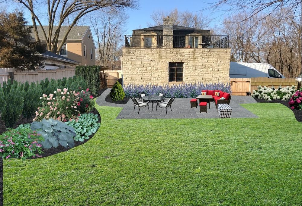 An artist 's impression of a backyard with a table and chairs