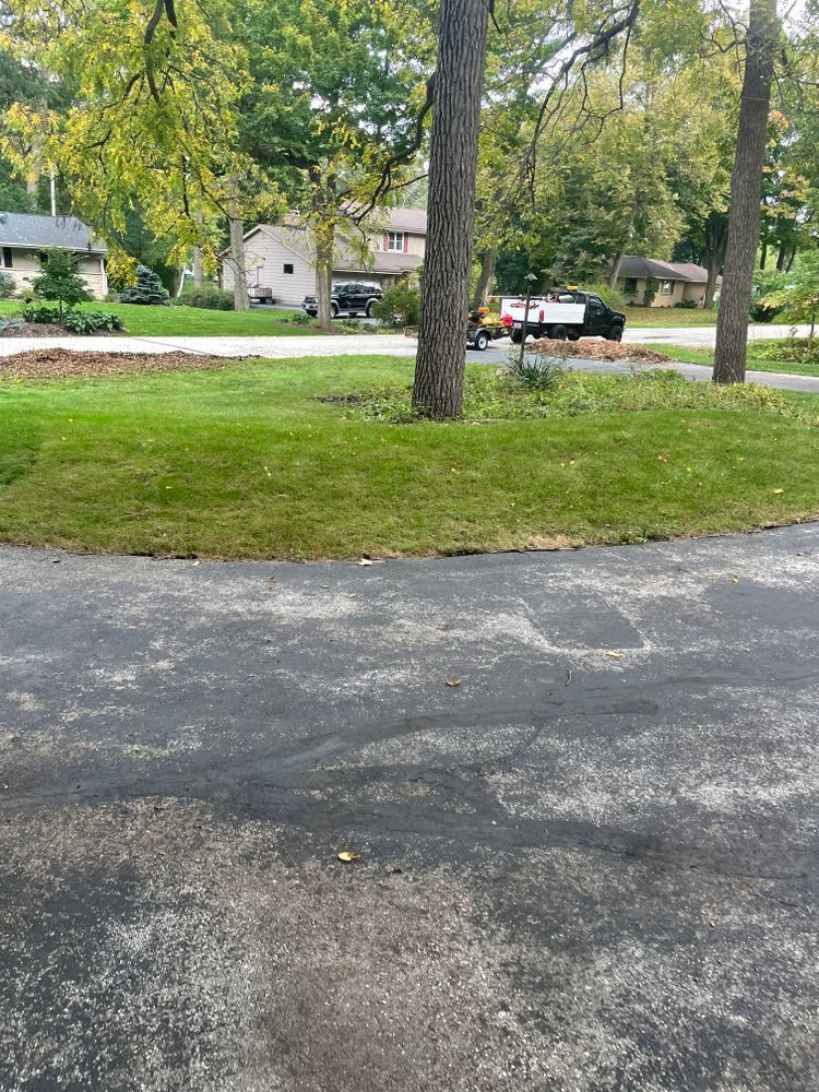 A black truck is parked on the side of the road next to a lush green field