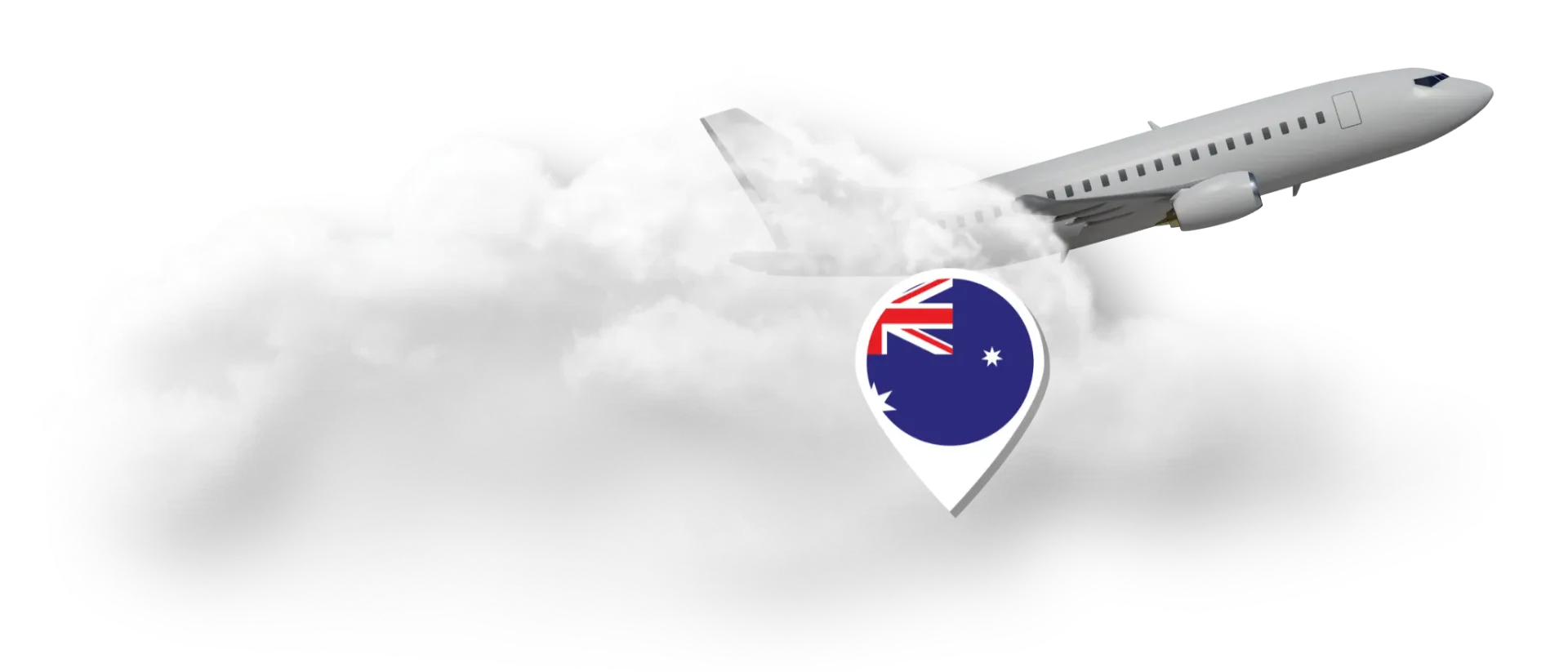 Um avião está voando através das nuvens com um alfinete de bandeira preso a ele.