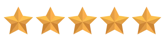 Cinco estrelas douradas estão alinhadas em uma fileira sobre um fundo branco.