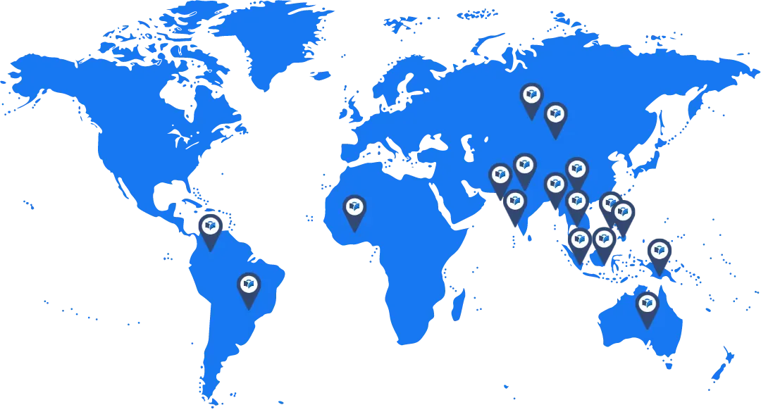 Um mapa do mundo azul e branco com alfinetes.
