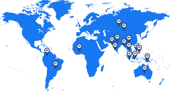 Um mapa do mundo azul e branco com alfinetes.