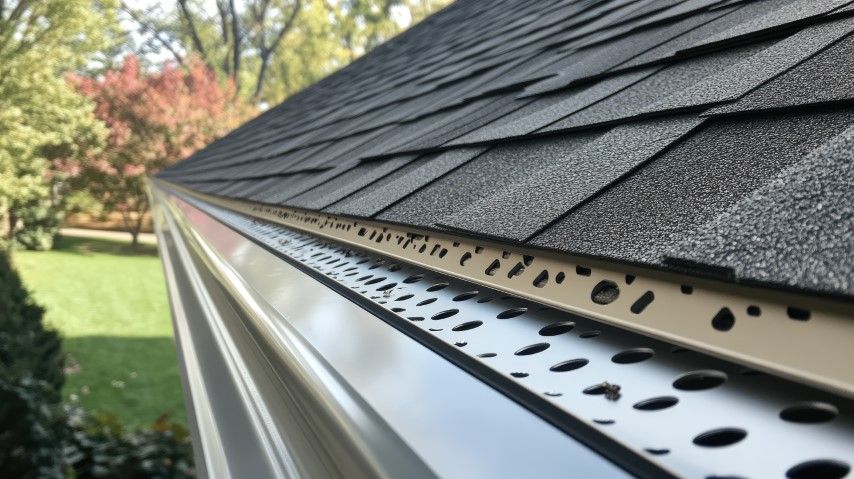 A close-up view of a metal gutter guard installed beneath dark asphalt roof shingles on a house.