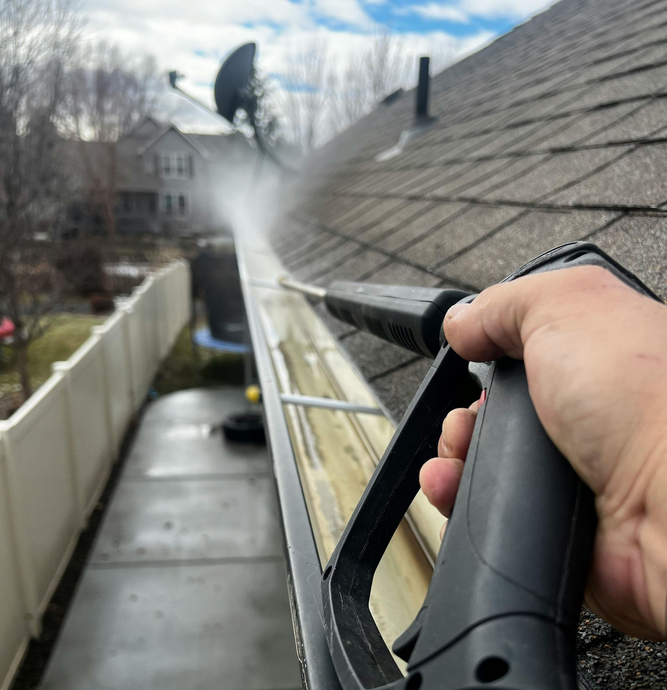 A first-person view of someone using a pressure washer to clean debris from a rain gutter along a shingled roof.
